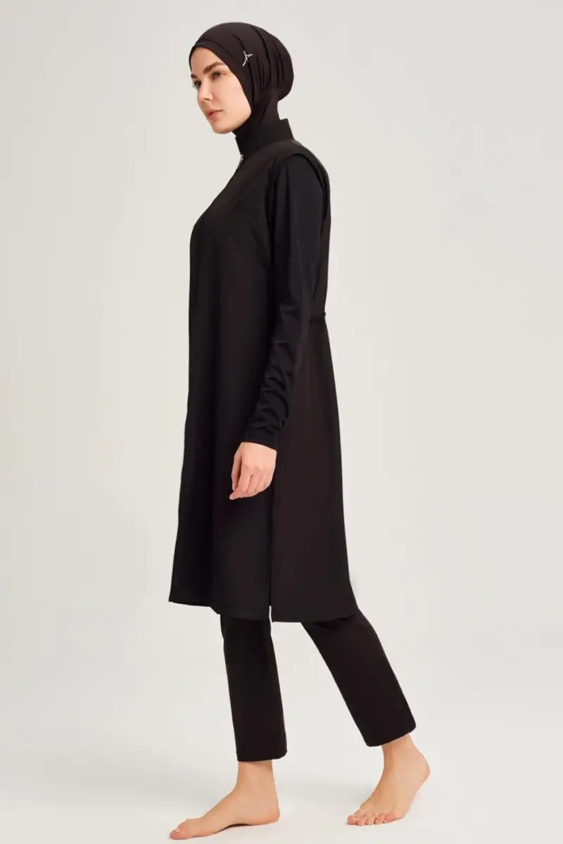 Haşema Şeyma Rahat Kesim Jileli 4 Parça Büyük Beden Tam Tesettür Mayo Takımı Siyah 6025 - 2