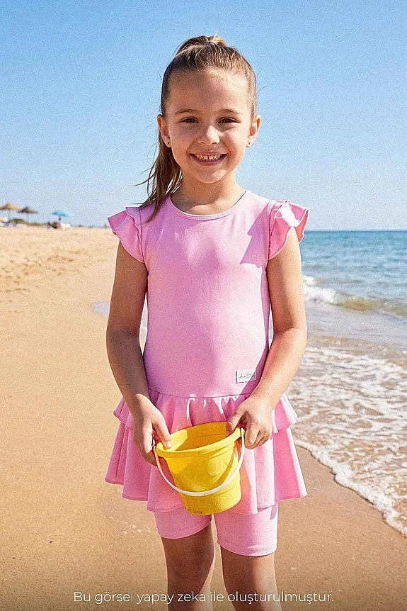 Haşema Sinemis Omuzları Volanlı Su İtici 3 Parça Kız Çocuk Mayo Takımı - Pembe - 7000-26 - 1