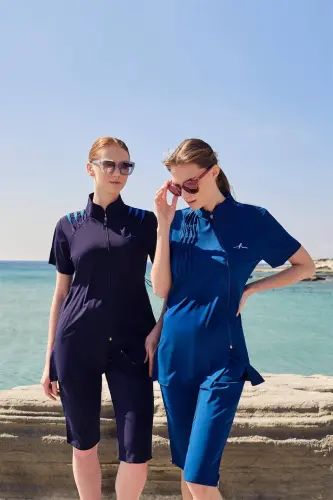 Haşema Su Nervür Dikiş Detaylı Yarı Kapalı Havuz Mayo HSM-3056 Petrol - Haşema (1)