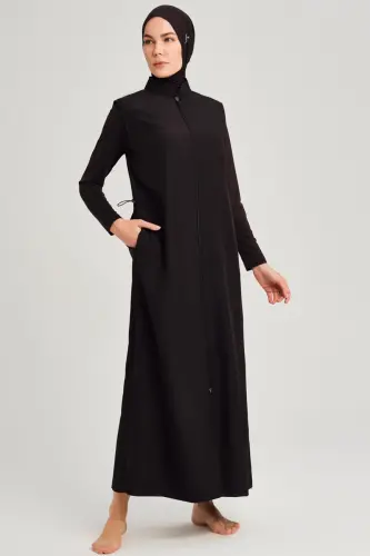 Haşema Tam Boy Jileli 4 Parça Tam Tesettür Mayo Takımı Hızlı Kuruyan Mayo H-6021-39 Siyah - 4
