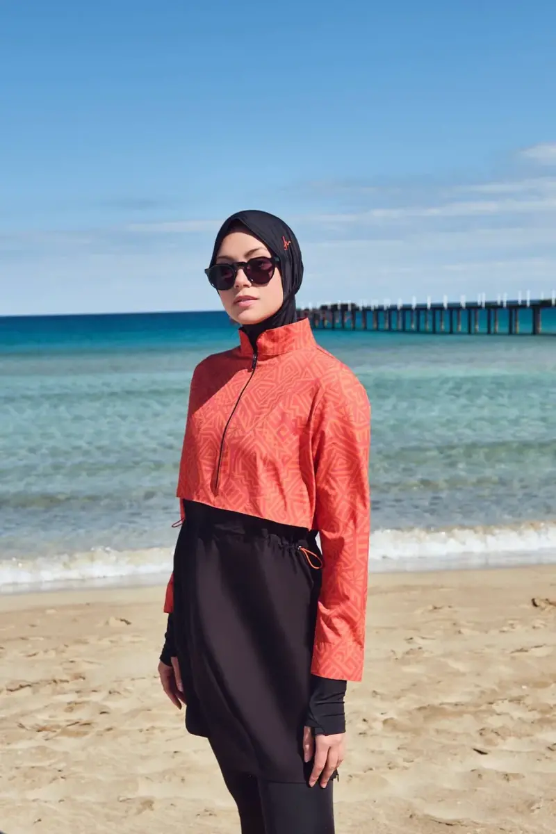 Haşema Esila HSM-2934-22 Orange Black Gilet Full Hijab Swimsuit - 1