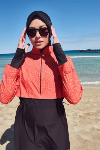 Haşema Esila HSM-2934-22 Orange Black Gilet Full Hijab Swimsuit - Haşema (1)