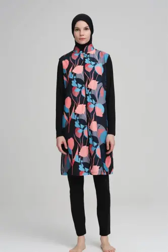 Hashema Nehar Colorful Floral Print Black Gilet Full Closed Hijab Swimsuit NHR-22-05 - 1