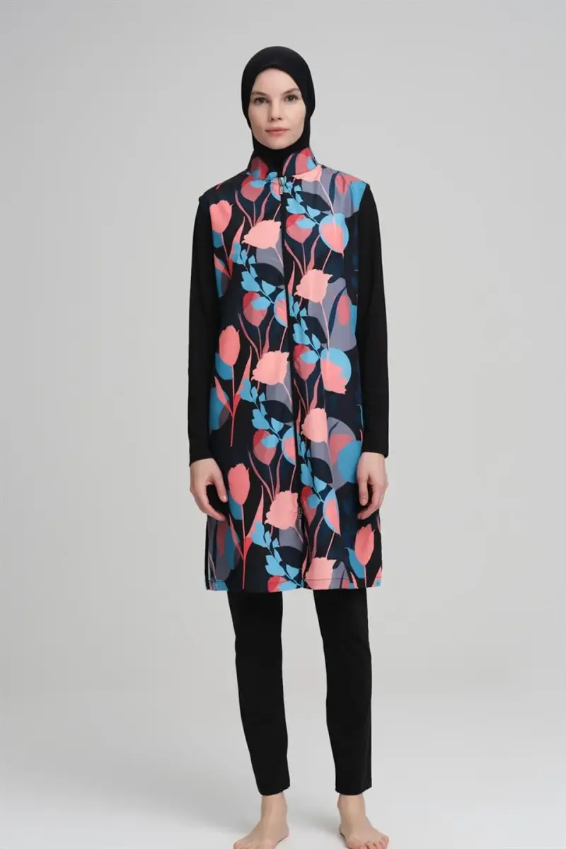 Hashema Nehar Colorful Floral Print Black Gilet Full Closed Hijab Swimsuit NHR-22-05 - 1