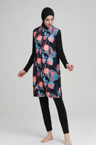 Hashema Nehar Colorful Floral Print Black Gilet Full Closed Hijab Swimsuit NHR-22-05 - (1)
