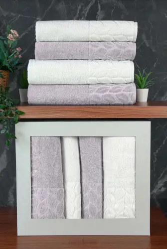 Hazal %100 Pamuklu Kutulu 4'lü Banyo Havlu Seti Hamam Takımı 50x90 - 90x150 Antrasit-Krem - 00081 - 1