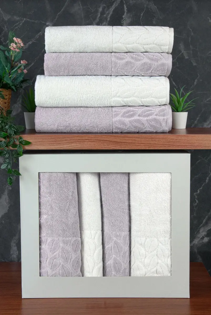 Hazal %100 Pamuklu Kutulu 4'lü Banyo Havlu Seti Hamam Takımı 50x90 - 90x150 Antrasit-Krem - 00081 - 1