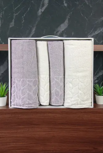 Hazal %100 Pamuklu Kutulu 4'lü Banyo Havlu Seti Hamam Takımı 50x90 - 90x150 Antrasit-Krem - 00081 - 4