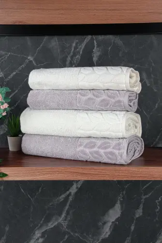 Hazal %100 Pamuklu Kutulu 4'lü Banyo Havlu Seti Hamam Takımı 50x90 - 90x150 Antrasit-Krem - 00081 - 5