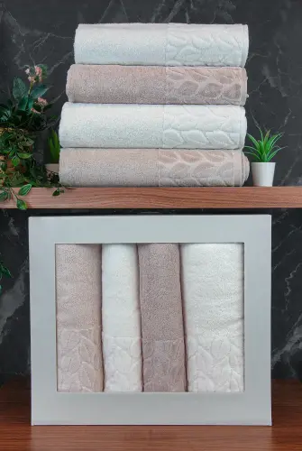 Hazal %100 Pamuklu Kutulu 4'lü Banyo Havlu Seti Hamam Takımı 50x90 - 90x150 Bej-Krem - 00081 - 1