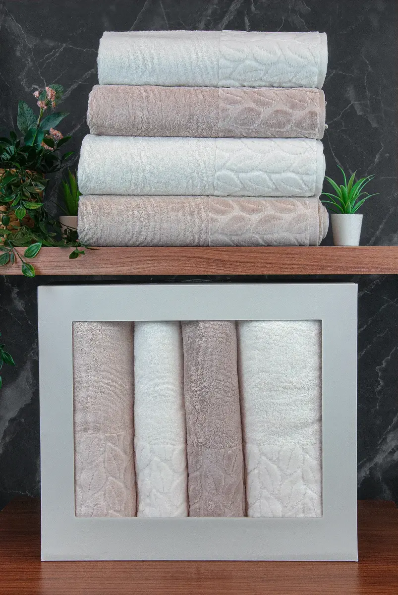 Hazal %100 Pamuklu Kutulu 4'lü Banyo Havlu Seti Hamam Takımı 50x90 - 90x150 Bej-Krem - 00081 - 1