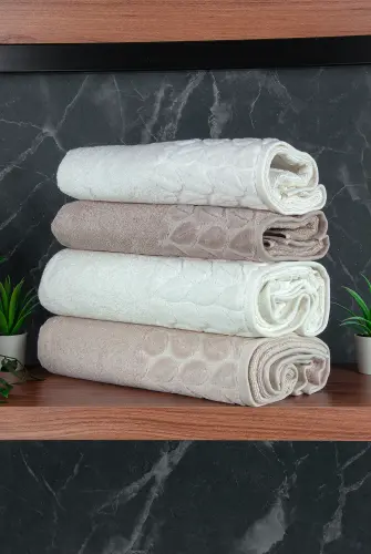 Hazal %100 Pamuklu Kutulu 4'lü Banyo Havlu Seti Hamam Takımı 50x90 - 90x150 Bej-Krem - 00081 - 3