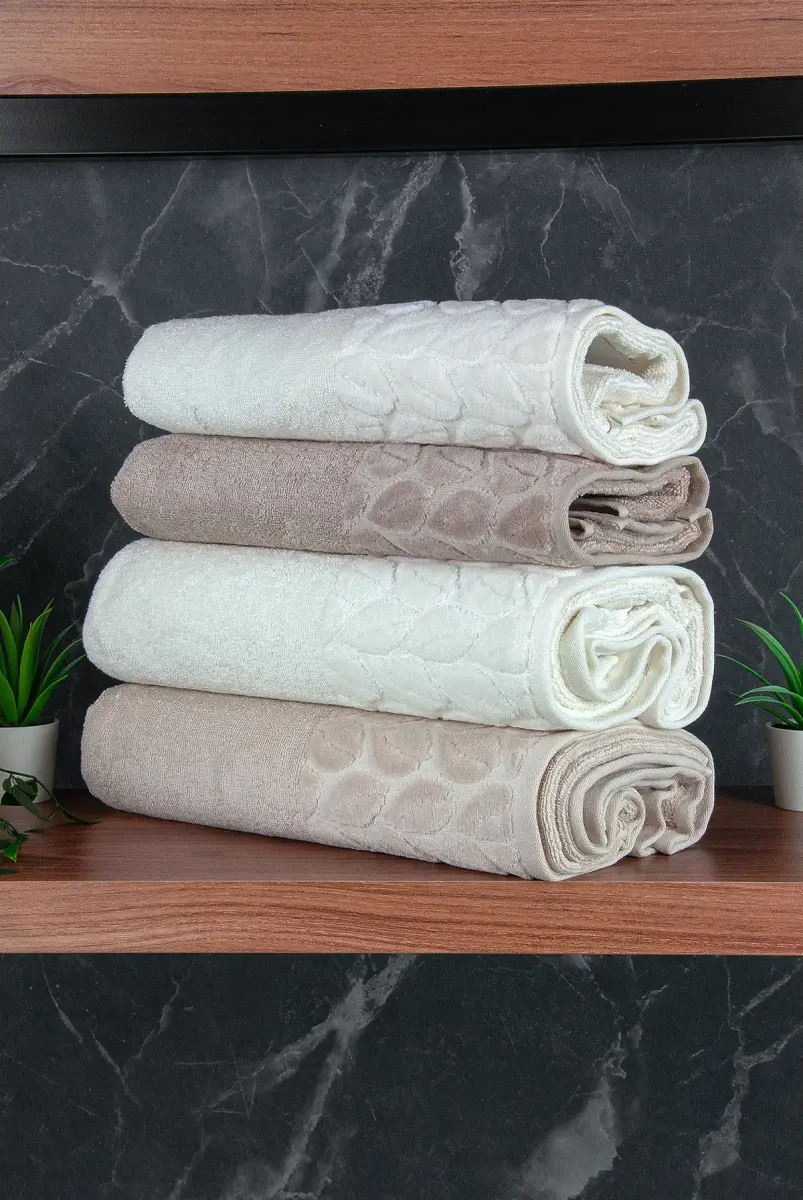 Hazal %100 Pamuklu Kutulu 4'lü Banyo Havlu Seti Hamam Takımı 50x90 - 90x150 Bej-Krem - 00081 - 3