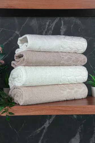 Hazal %100 Pamuklu Kutulu 4'lü Banyo Havlu Seti Hamam Takımı 50x90 - 90x150 Bej-Krem - 00081 - 4