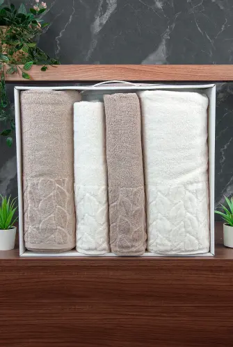 Hazal %100 Pamuklu Kutulu 4'lü Banyo Havlu Seti Hamam Takımı 50x90 - 90x150 Bej-Krem - 00081 - 5