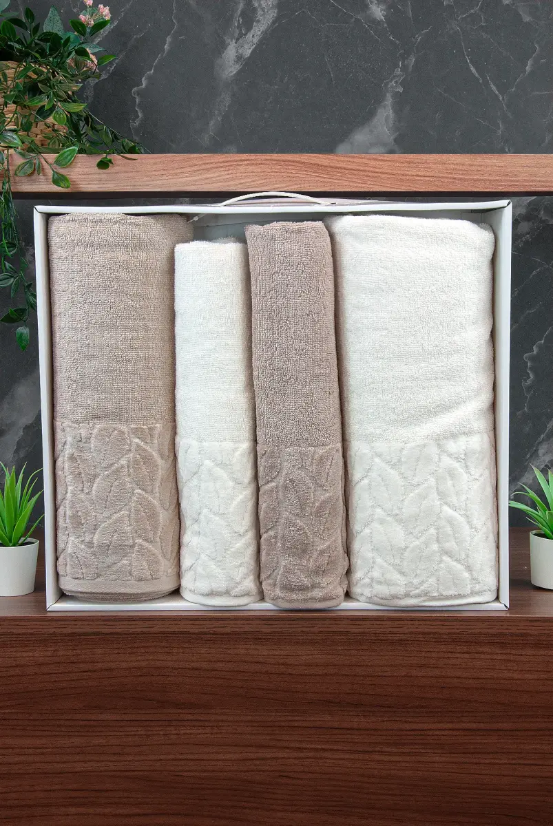 Hazal %100 Pamuklu Kutulu 4'lü Banyo Havlu Seti Hamam Takımı 50x90 - 90x150 Bej-Krem - 00081 - 5