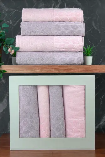Hazal %100 Pamuklu Kutulu 4'lü Banyo Havlu Seti Hamam Takımı 50x90 - 90x150 Gri-Pudra - 00081 - 1