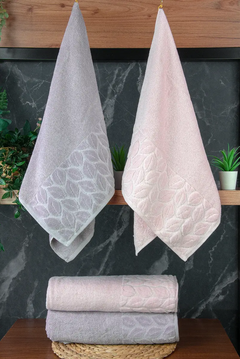 Hazal %100 Pamuklu Kutulu 4'lü Banyo Havlu Seti Hamam Takımı 50x90 - 90x150 Gri-Pudra - 00081 - 2