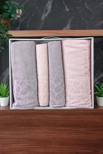 Hazal %100 Pamuklu Kutulu 4'lü Banyo Havlu Seti Hamam Takımı 50x90 - 90x150 Gri-Pudra - 00081 - 3