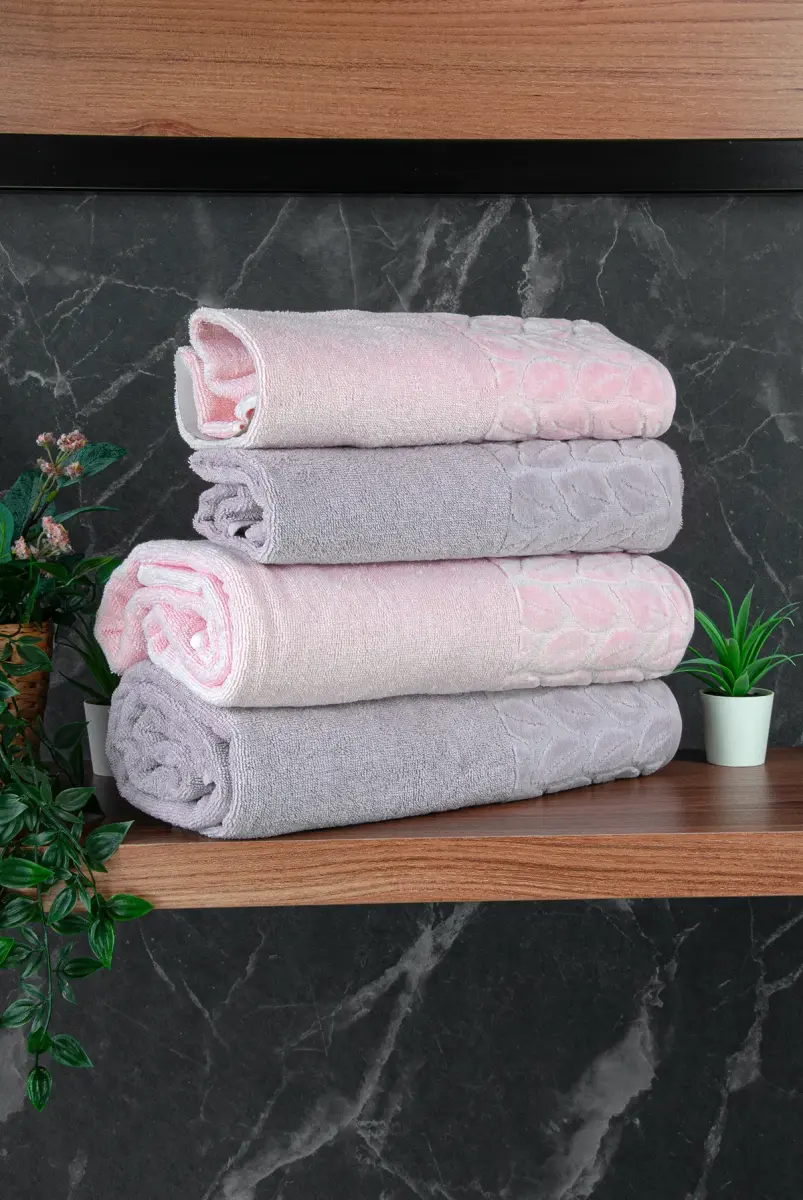 Hazal %100 Pamuklu Kutulu 4'lü Banyo Havlu Seti Hamam Takımı 50x90 - 90x150 Gri-Pudra - 00081 - 4