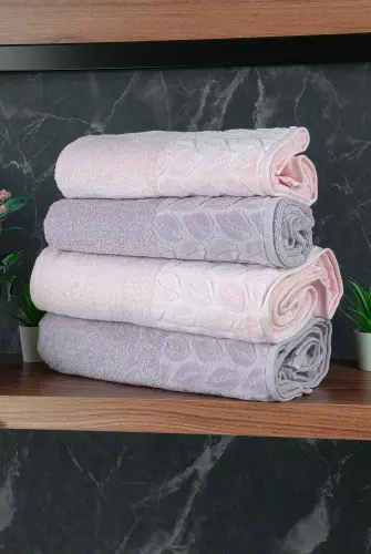 Hazal %100 Pamuklu Kutulu 4'lü Banyo Havlu Seti Hamam Takımı 50x90 - 90x150 Gri-Pudra - 00081 - 5