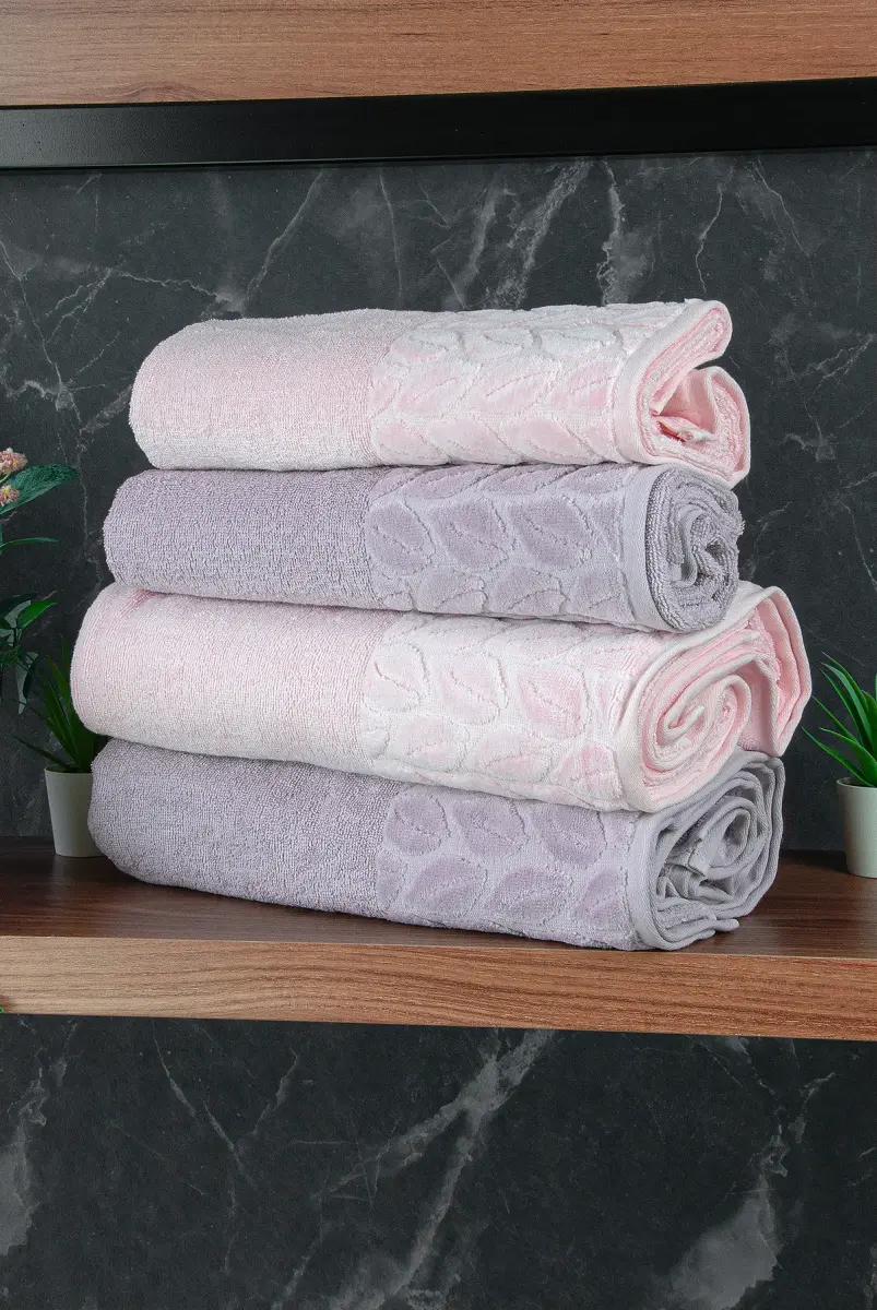 Hazal %100 Pamuklu Kutulu 4'lü Banyo Havlu Seti Hamam Takımı 50x90 - 90x150 Gri-Pudra - 00081 - 5