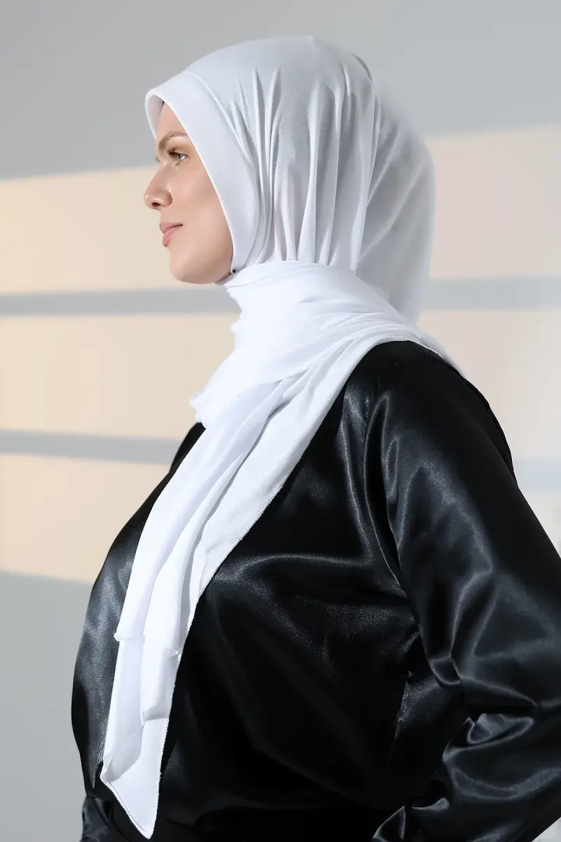 Hazır Pratik Geçmeli Likralı Penye Tesettür Şal - Beyaz - 2