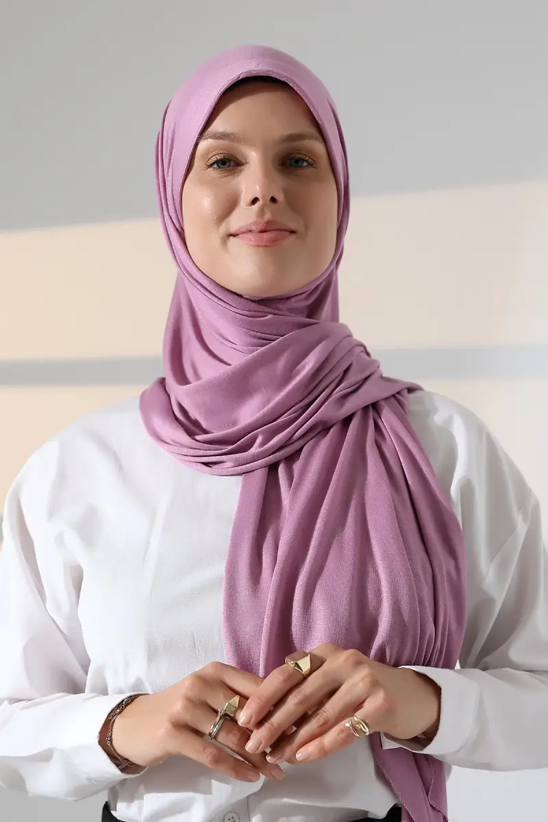 Hazır Pratik Geçmeli Likralı Penye Tesettür Şal - Gül Kurusu - 6