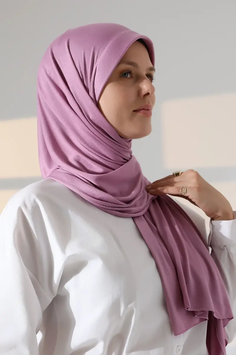 Hazır Pratik Geçmeli Likralı Penye Tesettür Şal - Gül Kurusu - 3
