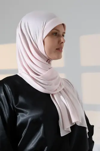 Hazır Pratik Geçmeli Likralı Penye Tesettür Şal - Pudra - 5