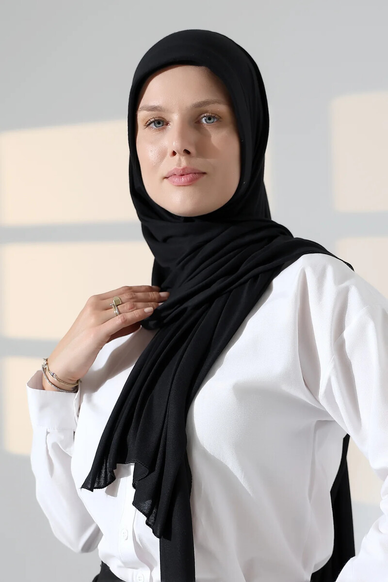 Hazır Pratik Geçmeli Likralı Penye Tesettür Şal - Siyah - ihvanonline