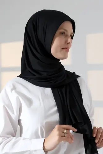 Hazır Pratik Geçmeli Likralı Penye Tesettür Şal - Siyah - 2