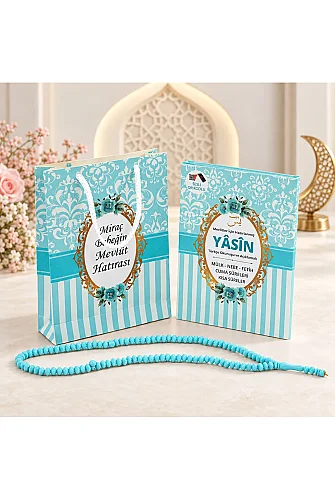 Hediyelik 3'lü İsme Özel Çantalı ve Tesbihli Çanta Boy Yasin Kitabı Mevlüt Seti - Mavi - 1