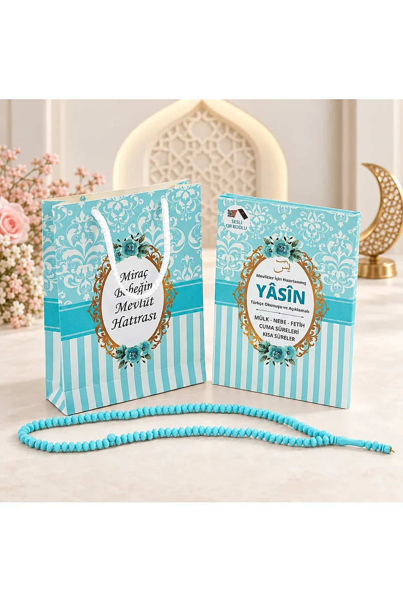 Hediyelik 3'lü İsme Özel Çantalı ve Tesbihli Çanta Boy Yasin Kitabı Mevlüt Seti - Mavi - 1