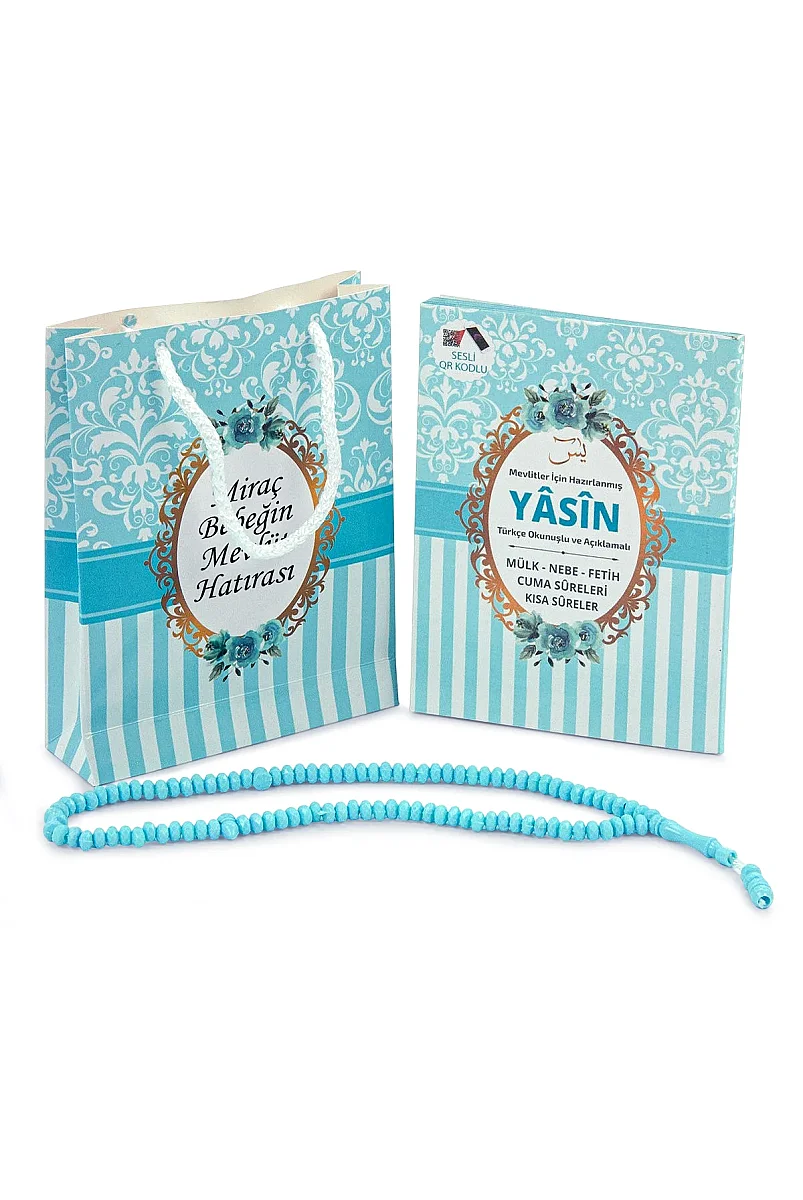 Hediyelik 3'lü İsme Özel Çantalı ve Tesbihli Çanta Boy Yasin Kitabı Mevlüt Seti - Mavi - 2