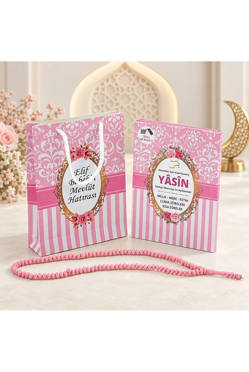 Hediyelik 3'lü İsme Özel Çantalı ve Tesbihli Çanta Boy Yasin Kitabı Mevlüt Seti - Pembe - 1