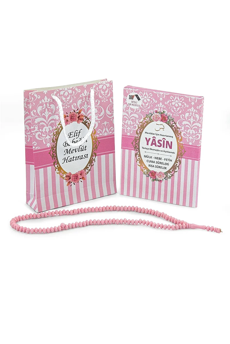 Hediyelik 3'lü İsme Özel Çantalı ve Tesbihli Çanta Boy Yasin Kitabı Mevlüt Seti - Pembe - 2
