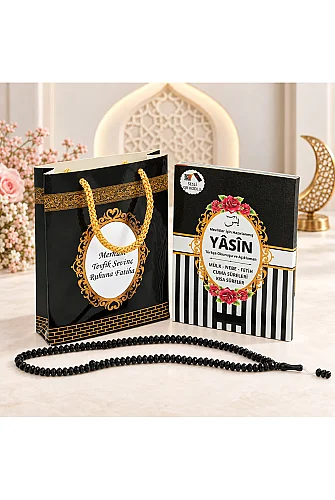 Hediyelik 3'lü İsme Özel Çantalı ve Tesbihli Çanta Boy Yasin Kitabı Mevlüt Seti - Siyah 
