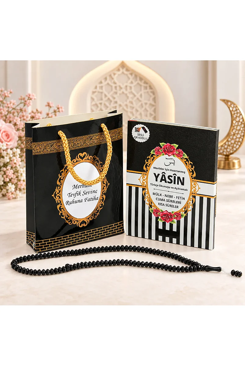 Hediyelik 3'lü İsme Özel Çantalı ve Tesbihli Çanta Boy Yasin Kitabı Mevlüt Seti - Siyah - 1