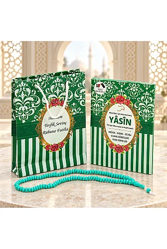 Hediyelik 3'lü İsme Özel Çantalı ve Tesbihli Çanta Boy Yasin Kitabı Mevlüt Seti - Yeşil 