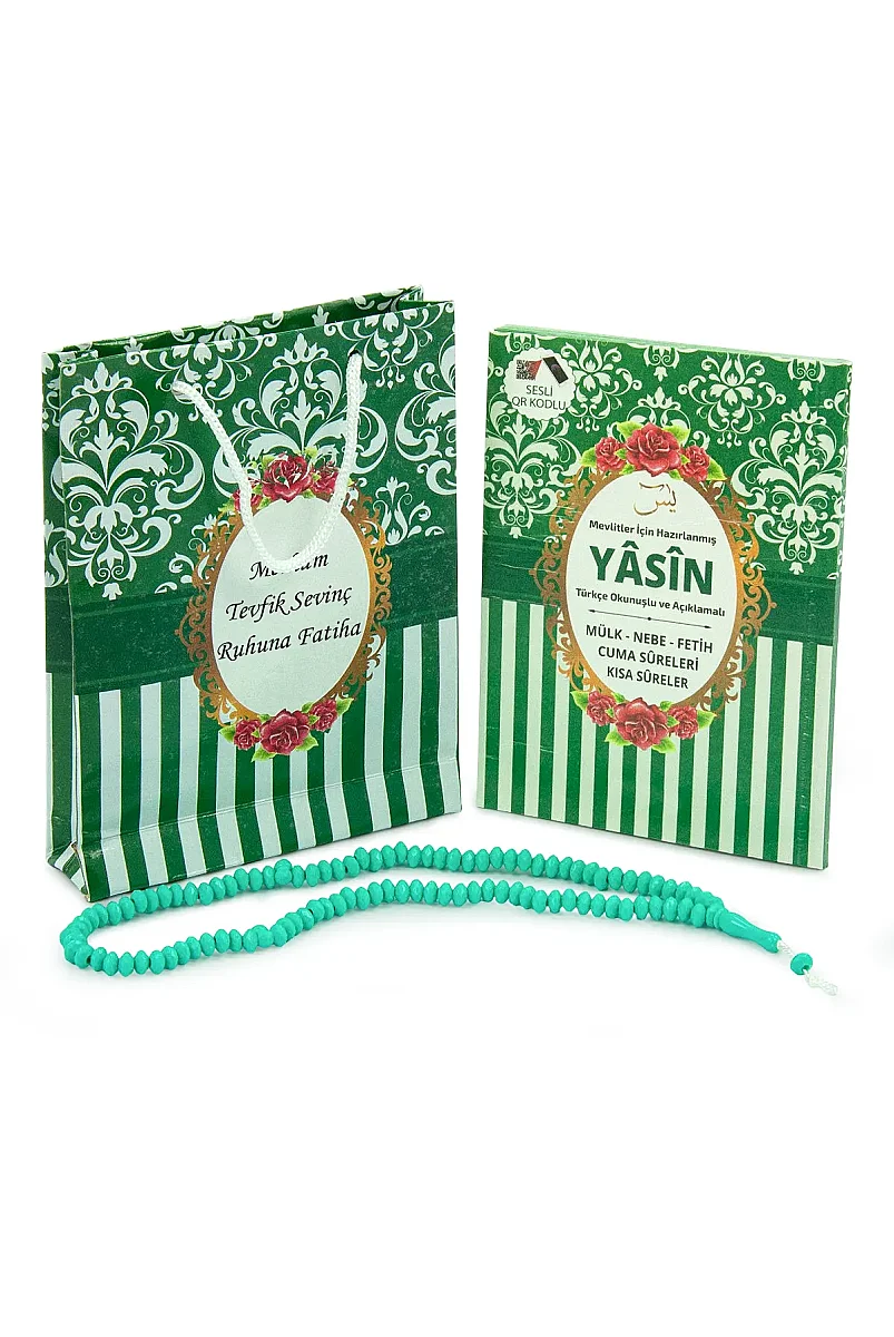 Hediyelik 3'lü İsme Özel Çantalı ve Tesbihli Çanta Boy Yasin Kitabı Mevlüt Seti - Yeşil - 2