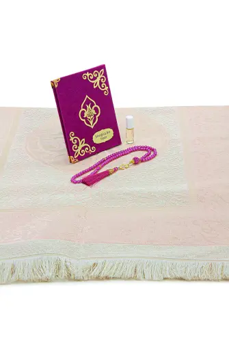 Hediyelik 4 Parça Mevlüt Seti İsme Özel Kadife Kaplı Yasin, Tesbihli Seccade Seti - Fuşya - 3