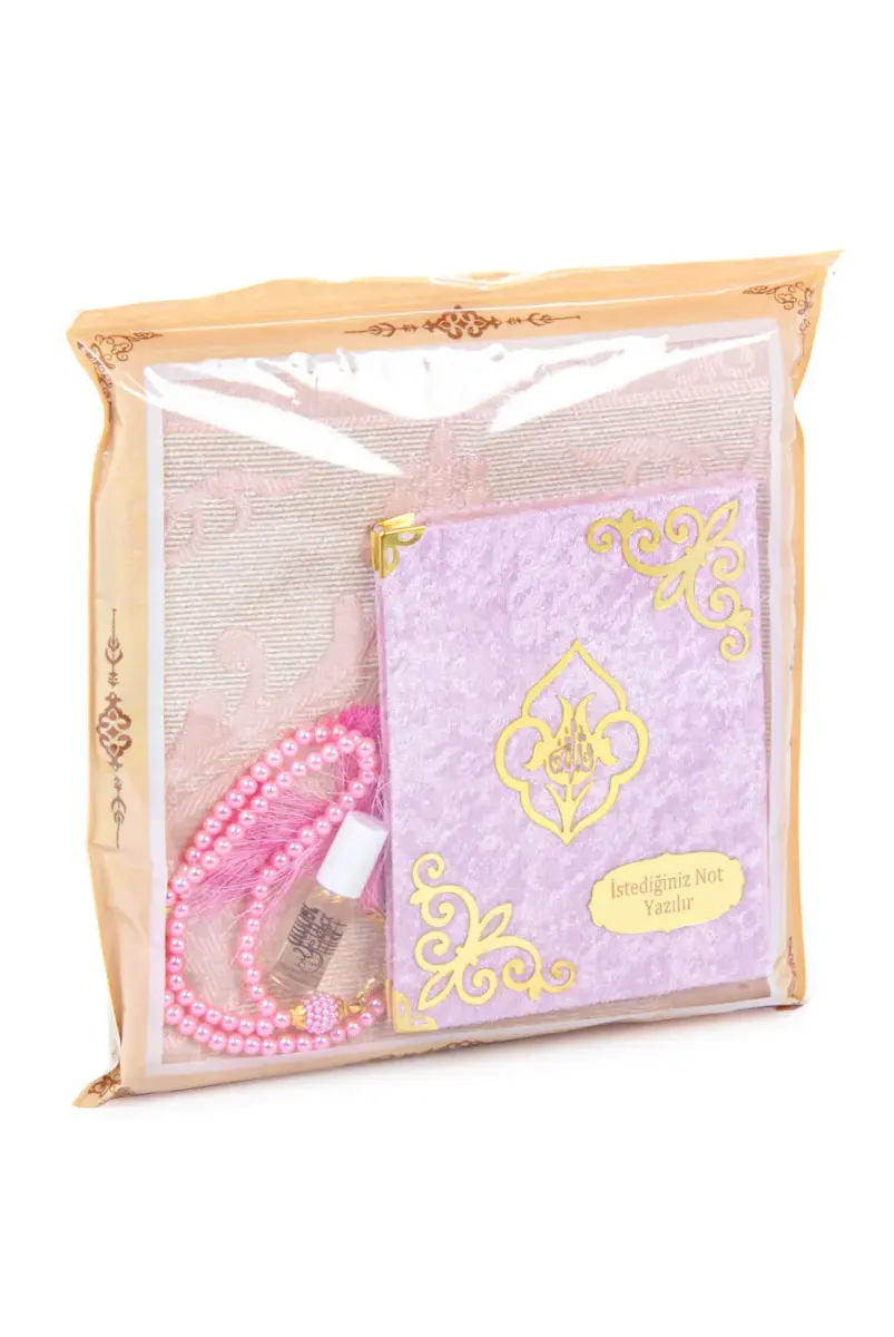 Hediyelik 4 Parça Mevlüt Seti İsme Özel Kadife Kaplı Yasin, Tesbihli Seccade Seti - Pembe - 3