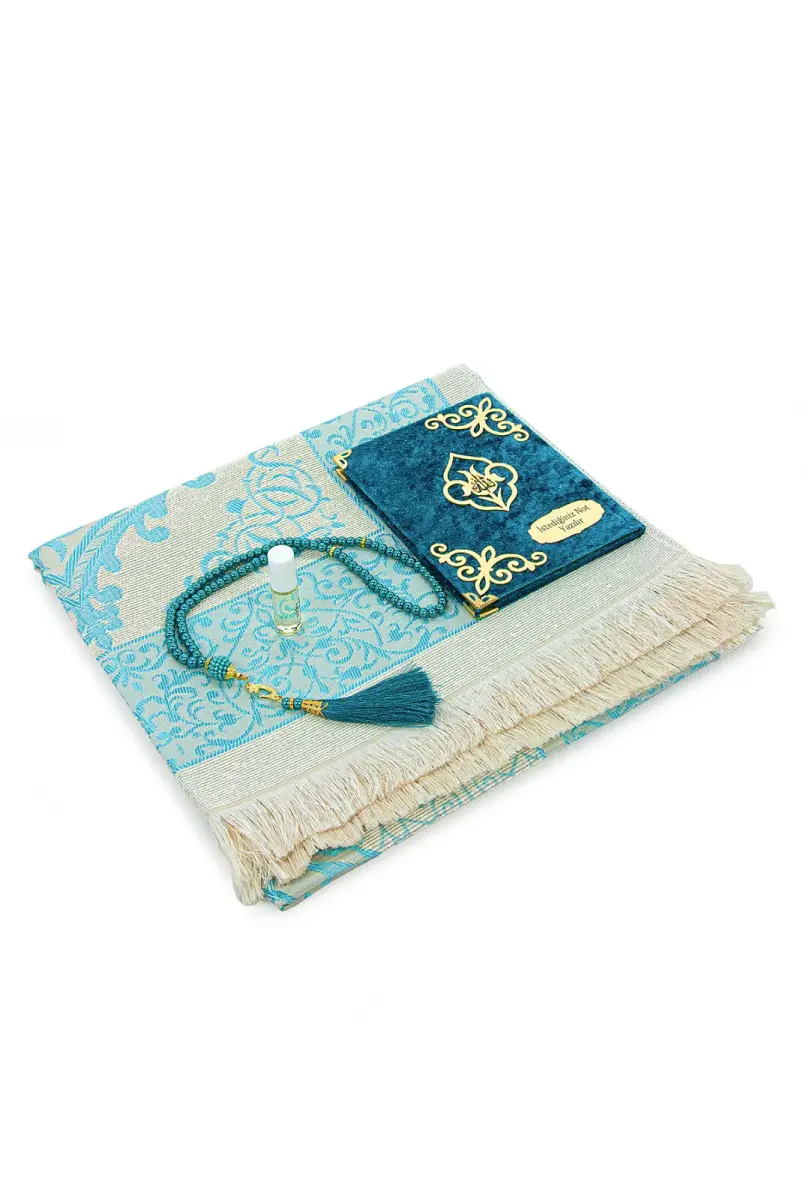 Hediyelik 4 Parça Mevlüt Seti İsme Özel Kadife Kaplı Yasin, Tesbihli Seccade Seti - Turkuaz - 4