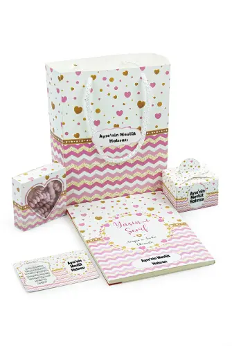 Hediyelik 5'li Mevlüt Seti İsme Özel Çantalı Tesbihli, Magnetli, Yasin Kitabı - Pembe 