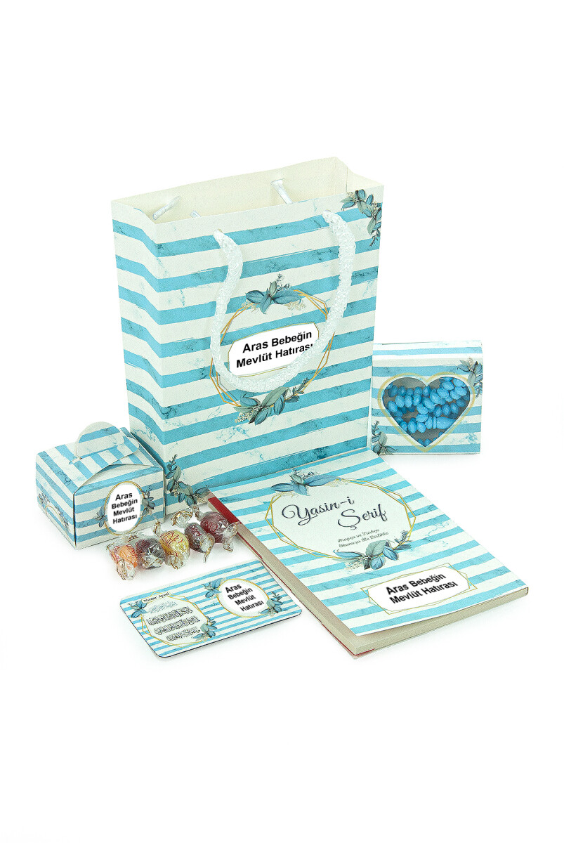 Hediyelik 5'li Mevlüt Seti İsme Özel Çantalı Tesbihli Yasin Kitabı - Mavi - 2