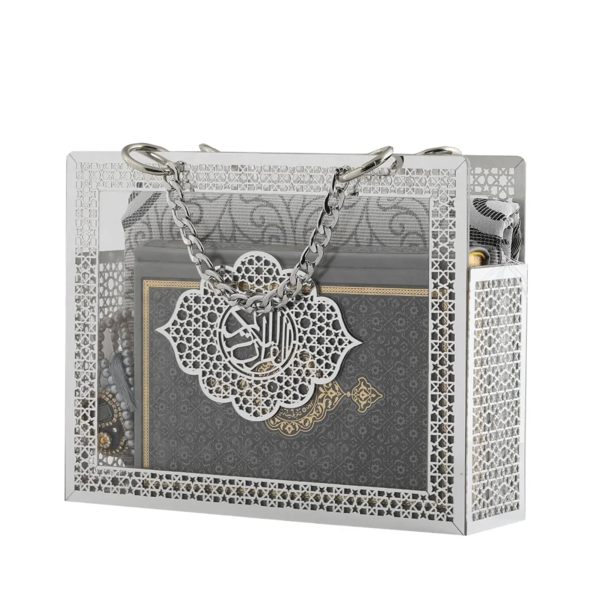 Hediyelik Çanta Kutulu Seccade Kuranı Kerim Tesbih Zikirmatik Seti Gri - 1