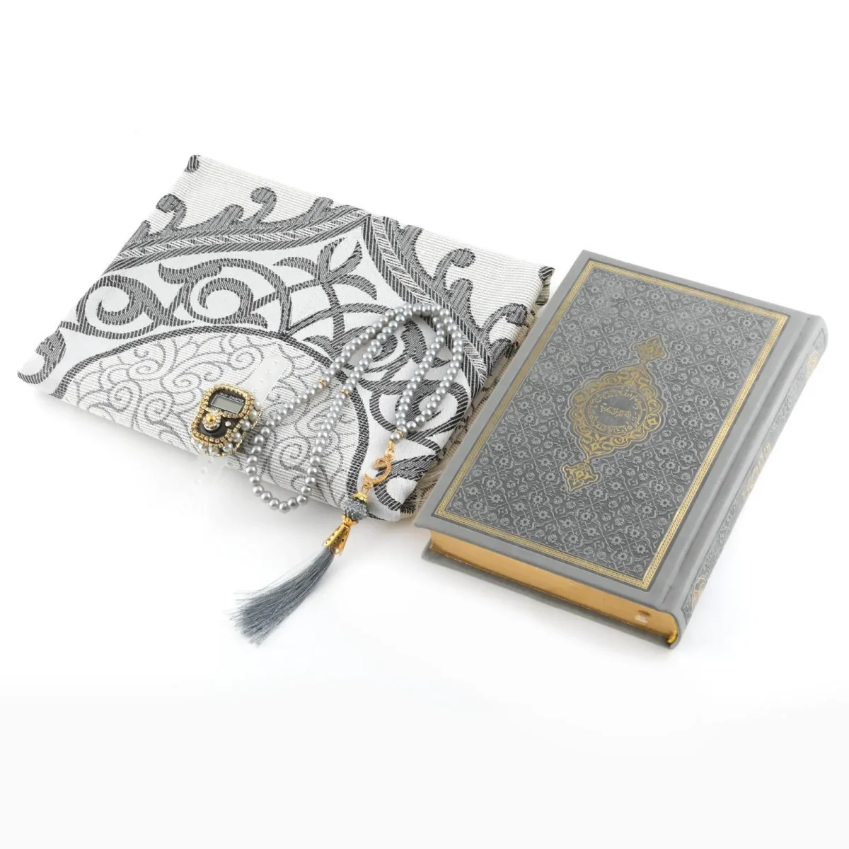 Hediyelik Çanta Kutulu Seccade Kuranı Kerim Tesbih Zikirmatik Seti Gri - 2
