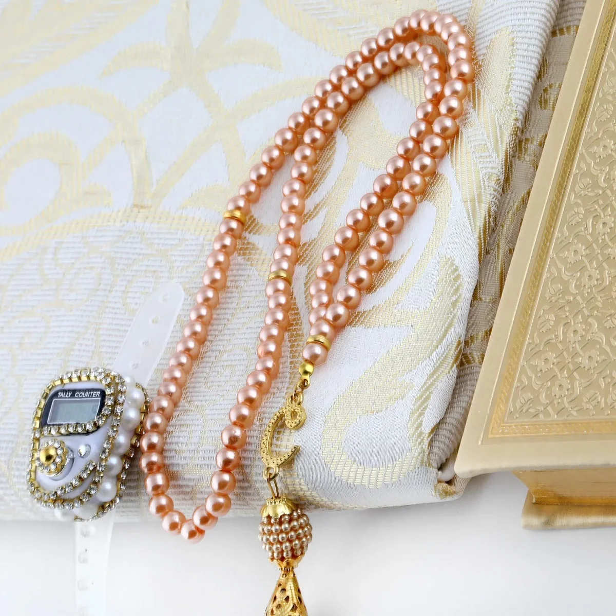 Hediyelik Çanta Kutulu Seccade Kuranı Kerim Tesbih Zikirmatik Seti Krem - 3