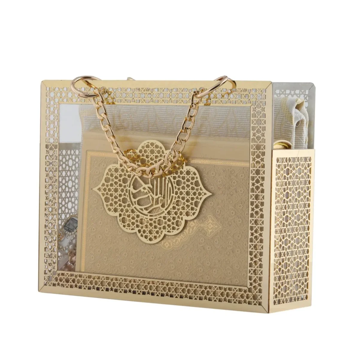 Hediyelik Çanta Kutulu Seccade Kuranı Kerim Tesbih Zikirmatik Seti Krem - 1
